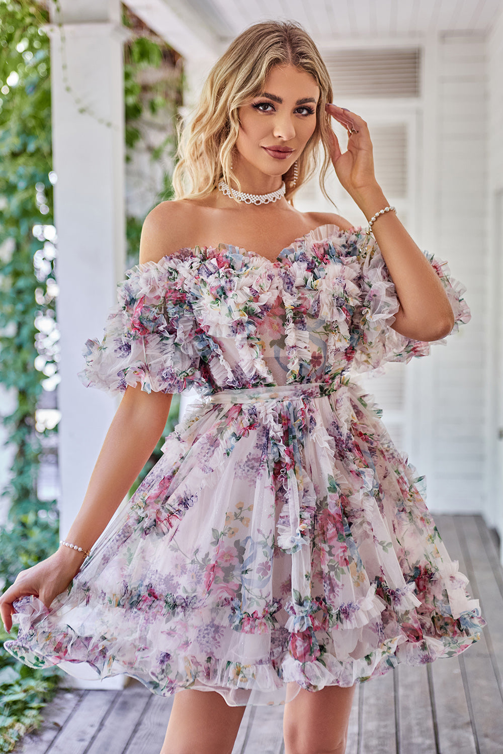 Beautiful A-Line Off-the-Shoulder Fuchsia Tulle Short Homecoming Dress with Short Sleeves