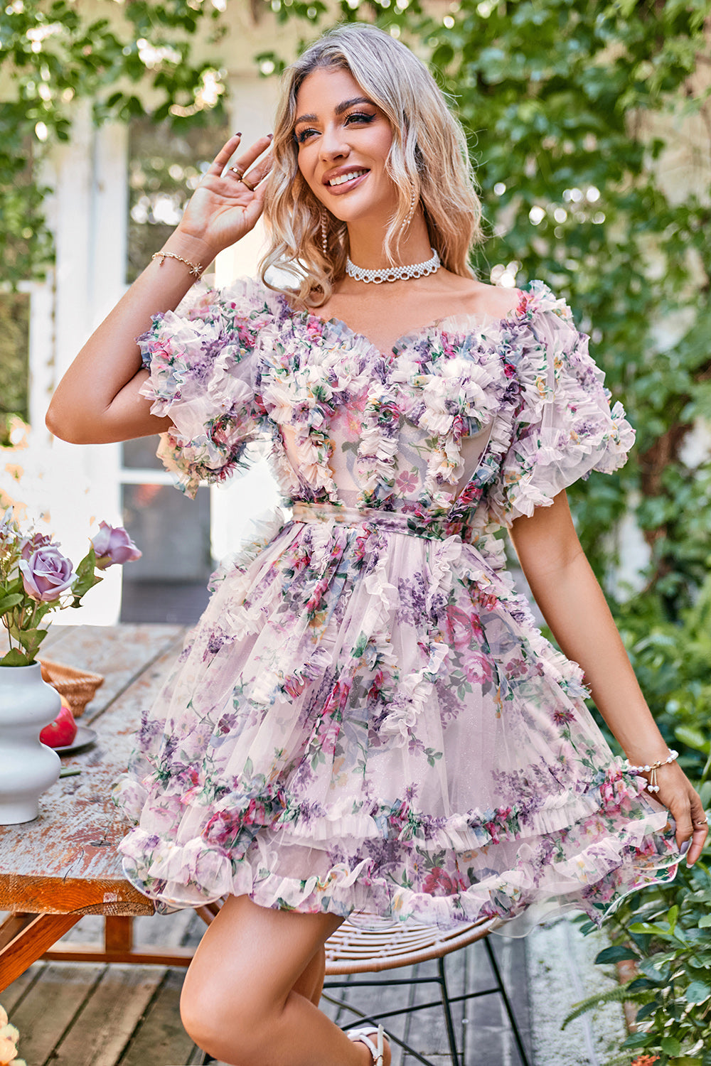 Beautiful A-Line Off-the-Shoulder Fuchsia Tulle Short Homecoming Dress with Short Sleeves