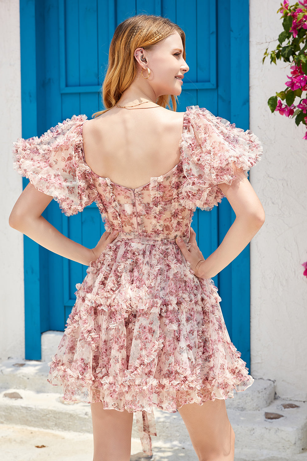 Beautiful A-Line Off-the-Shoulder Fuchsia Tulle Short Homecoming Dress with Short Sleeves