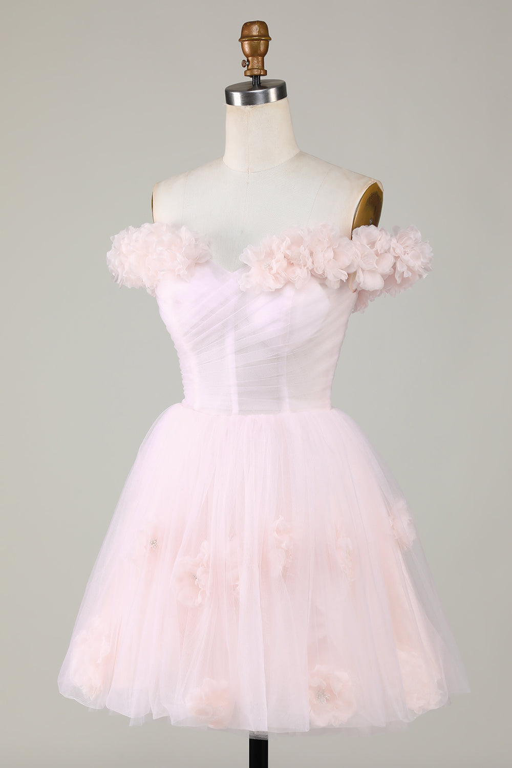 Jolie robe courte de bal de fin d'études rose à fleurs, coupe trapèze et épaules dénudées