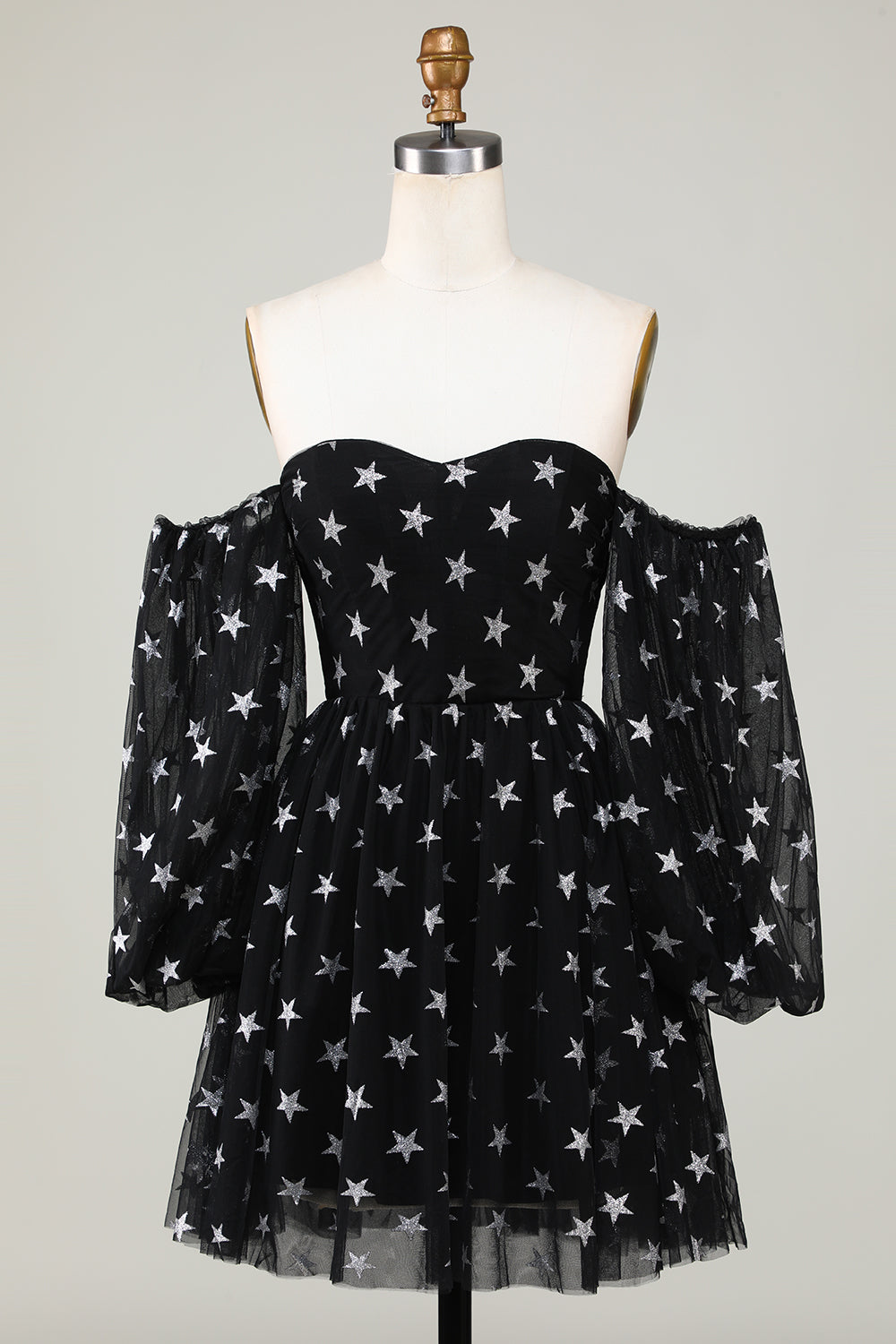 Robe de bal courte noire étoilée à épaules dénudées