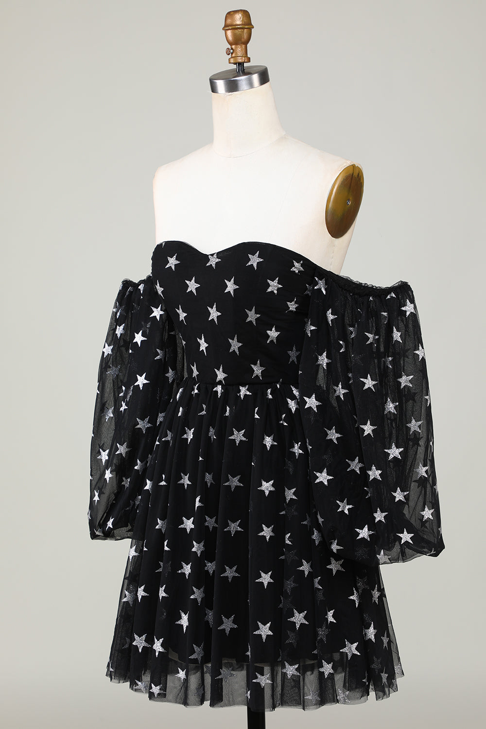 Robe de bal courte noire étoilée à épaules dénudées