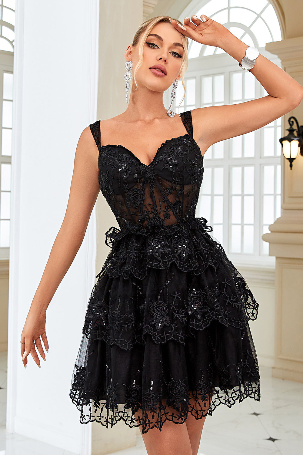 Robe de bal courte en corset bleu foncé scintillant avec dentelle