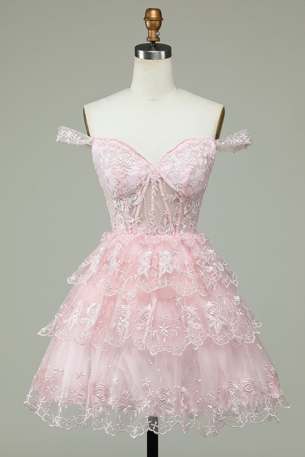 Robe de bal de fin d'année rose mignonne avec corset et dentelle, coupe trapèze et épaules dénudées