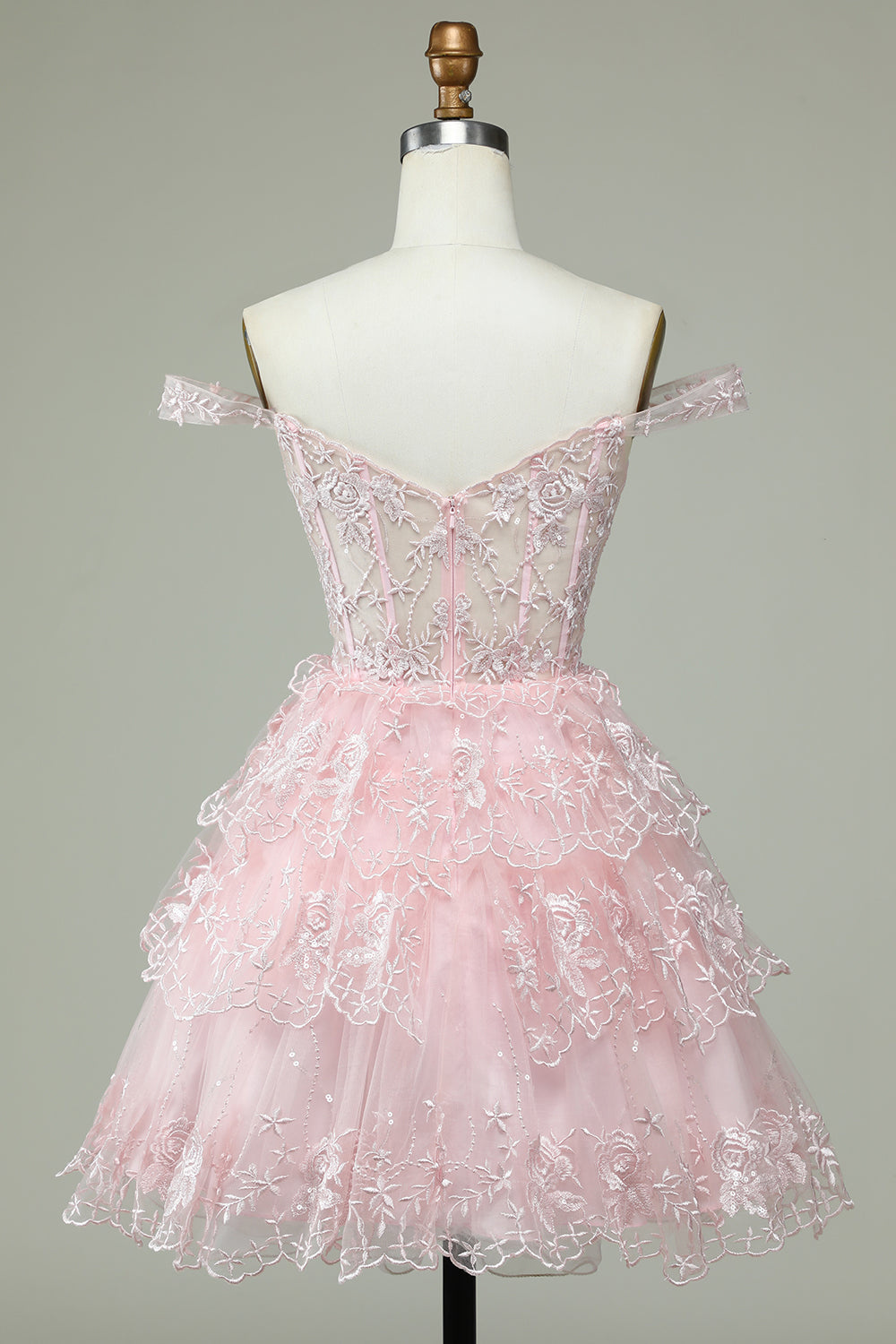 Robe de bal de fin d'année rose mignonne avec corset et dentelle, coupe trapèze et épaules dénudées