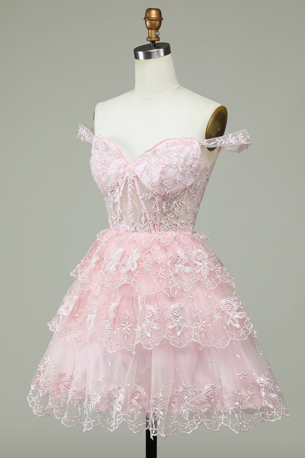 Robe de bal de fin d'année rose mignonne avec corset et dentelle, coupe trapèze et épaules dénudées