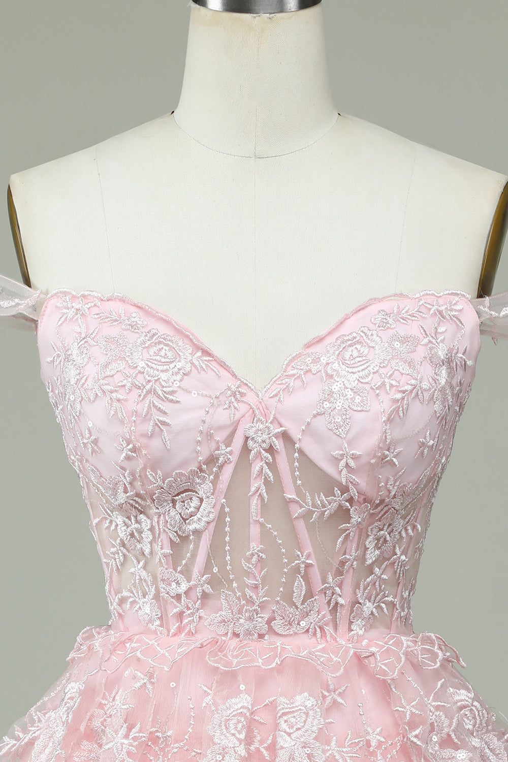 Robe de bal de fin d'année rose mignonne avec corset et dentelle, coupe trapèze et épaules dénudées