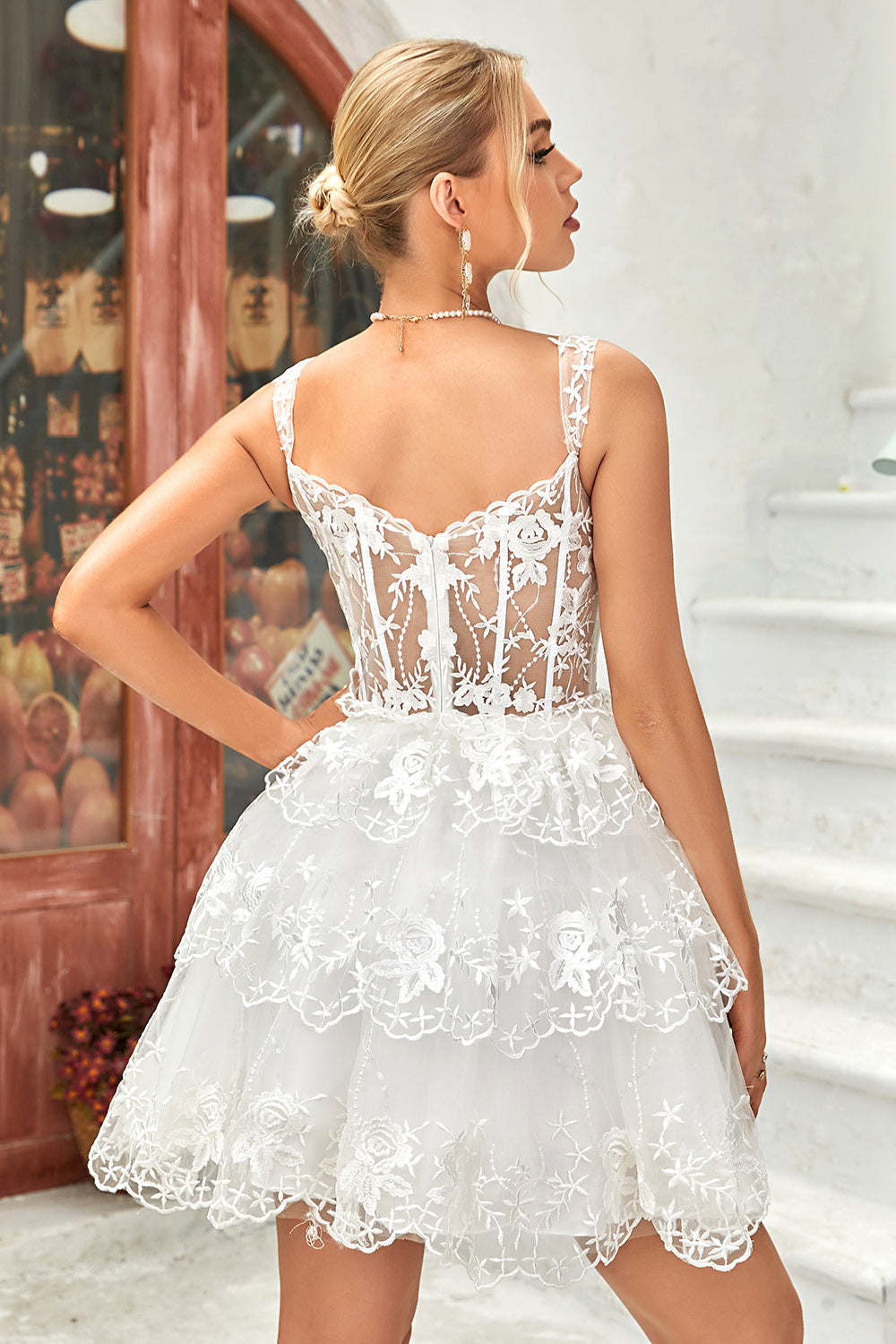 Robe de Graduation Courte en Corset Étagé Bleu Foncé avec Dentelle en Ligne A