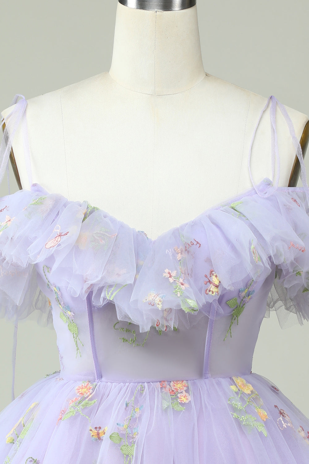 Robe de graduation lavande à épaules dénudées avec corset et volants