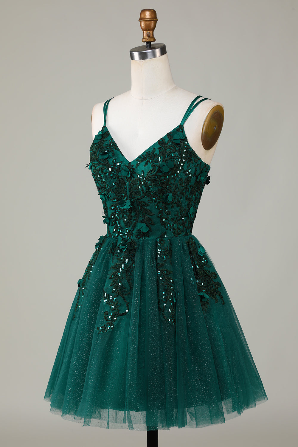 Robe courte de bal de promo trapèze vert foncé à fines bretelles élégante avec appliques et perles
