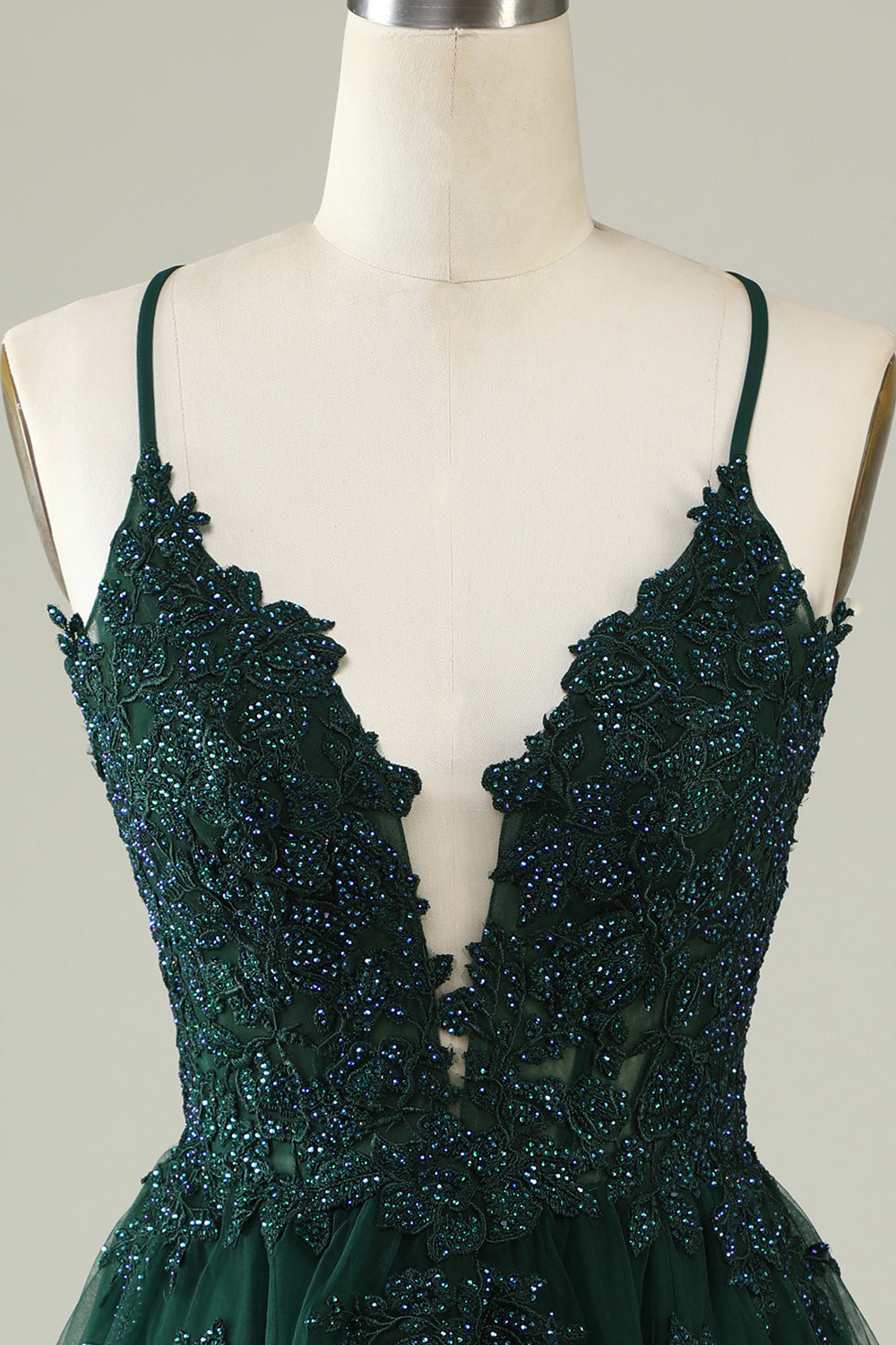 A Line Spaghetti Straps Dark Green Short Graduation Dress with Appliques