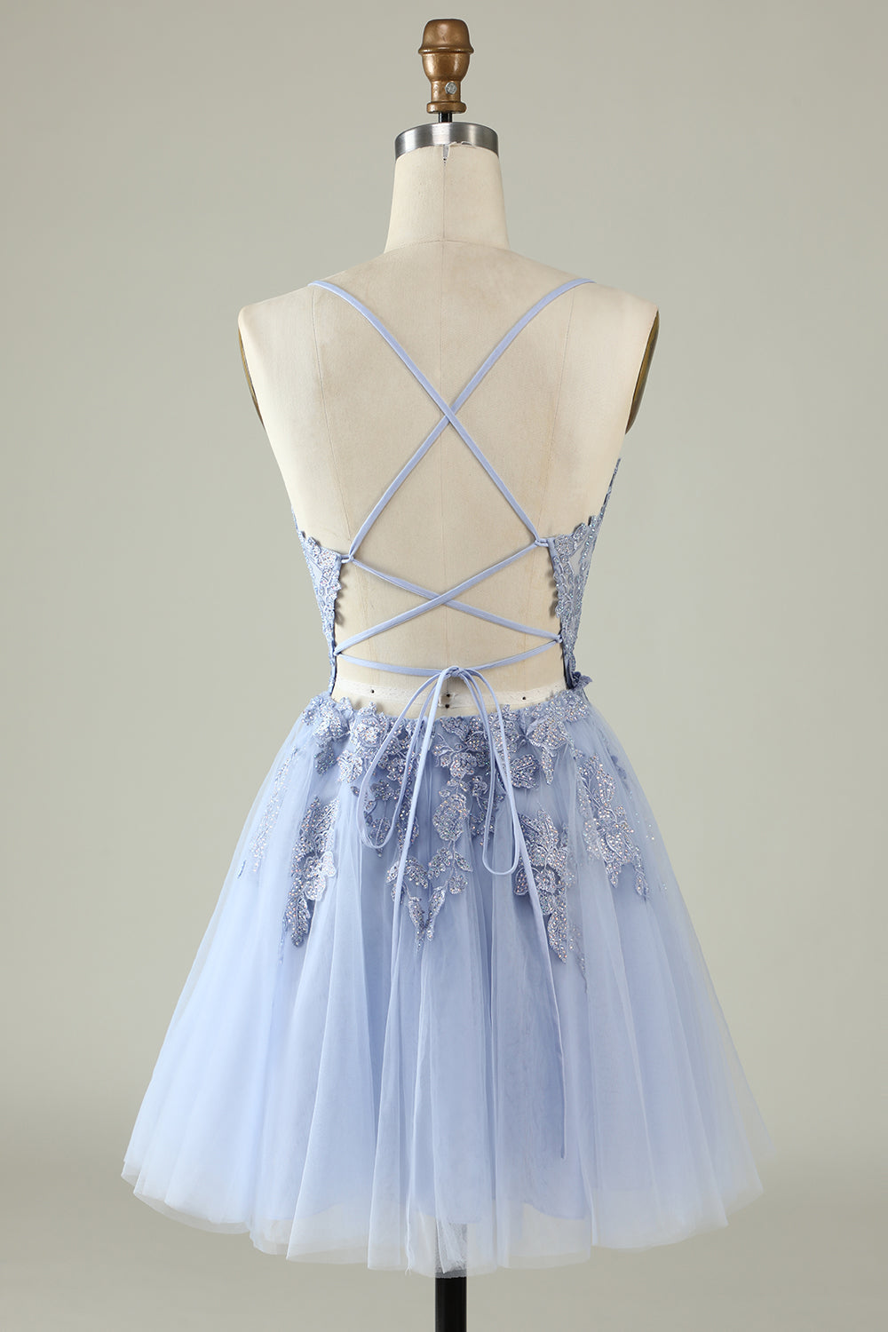 A Line Spaghetti Straps Grey Blue Short Graduation Dress with Appliques