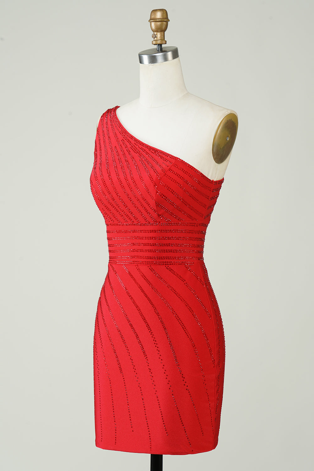 Robe de bal courte rouge à paillettes, asymétrique et perlée