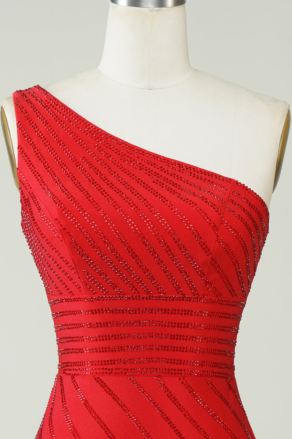Robe de bal courte rouge à paillettes, asymétrique et perlée