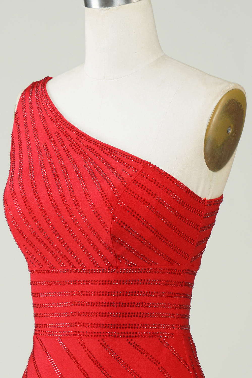 Robe de bal courte rouge à paillettes, asymétrique et perlée