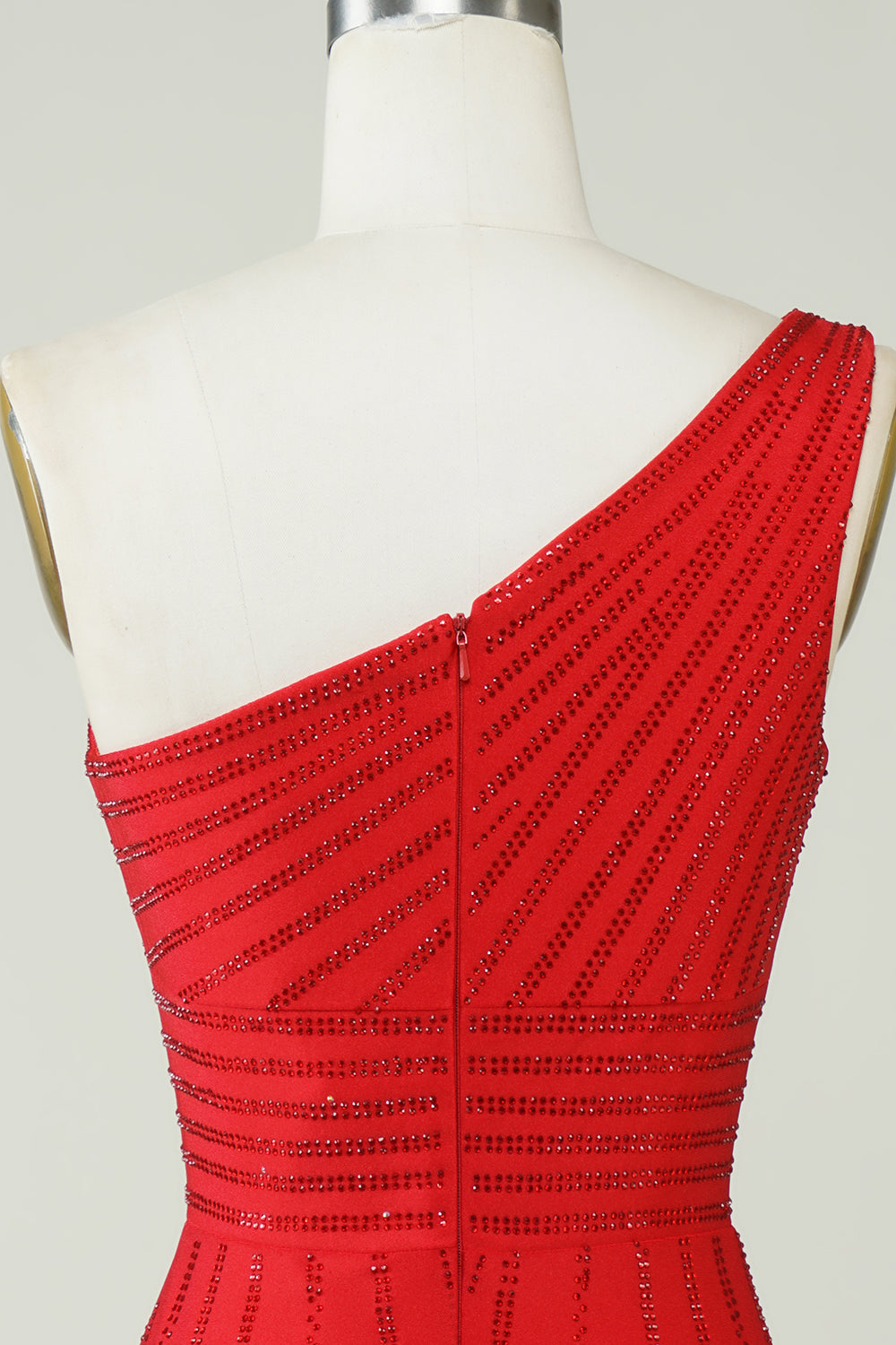 Robe de bal courte rouge à paillettes, asymétrique et perlée