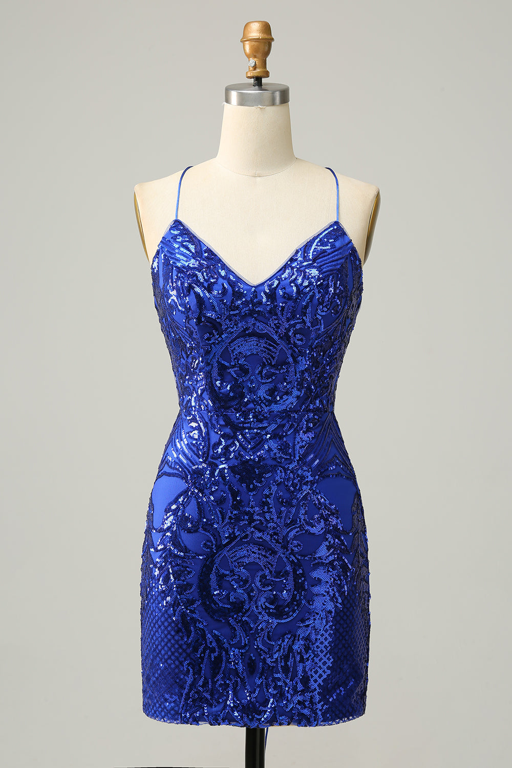 Robe de bal courte à bretelles spaghetti et sequins bleu roi, coupe fourreau