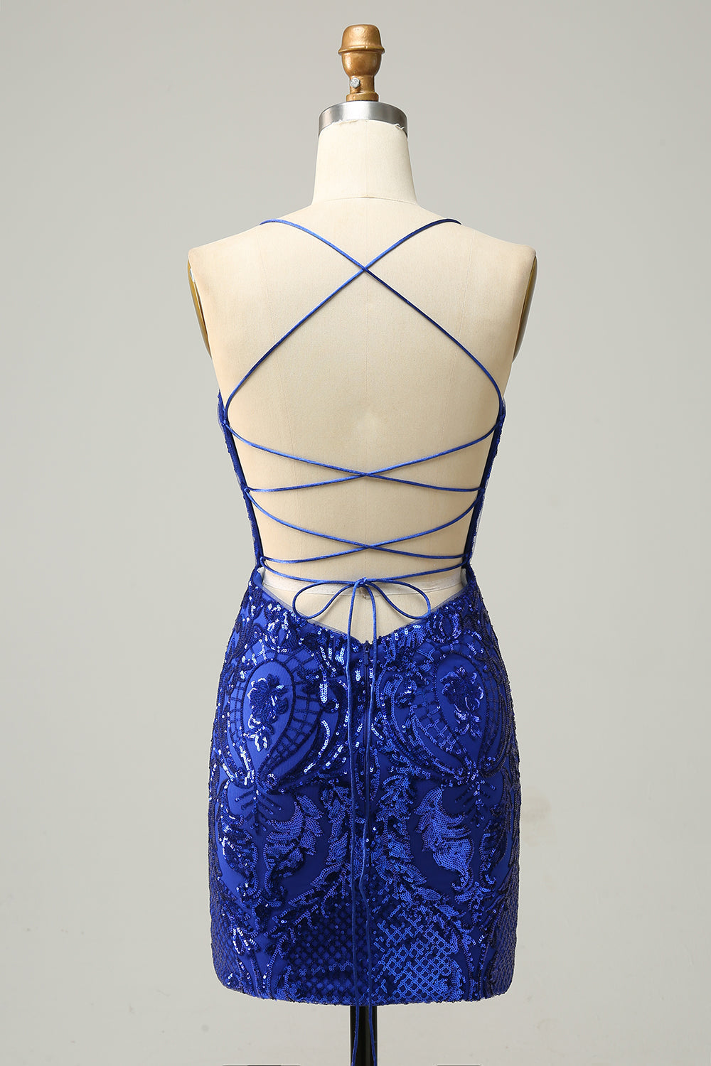 Robe de bal courte à bretelles spaghetti et sequins bleu roi, coupe fourreau