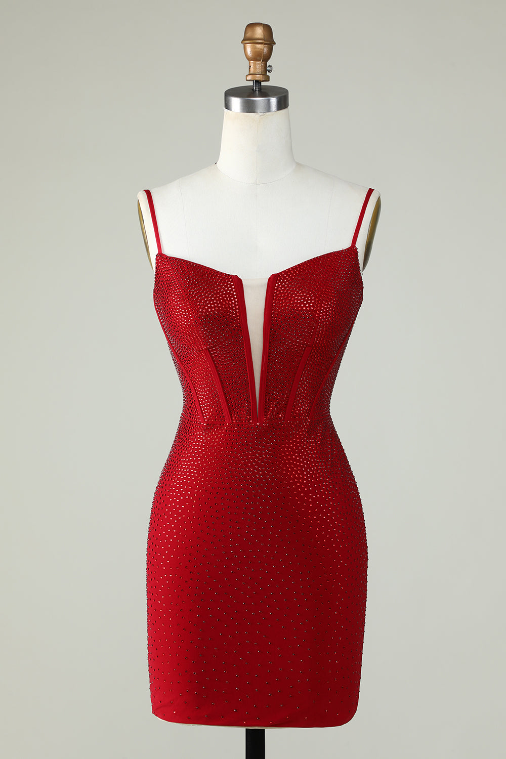 Robe de bal courte rouge à bretelles spaghetti ornée de perles