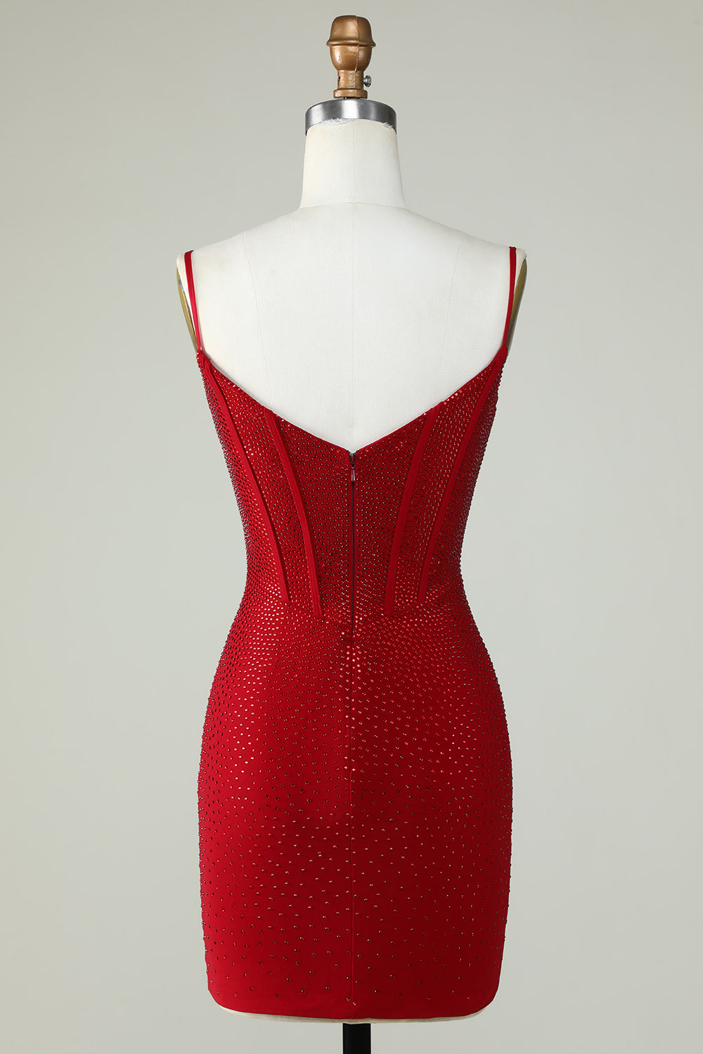 Robe de bal courte rouge à bretelles spaghetti ornée de perles