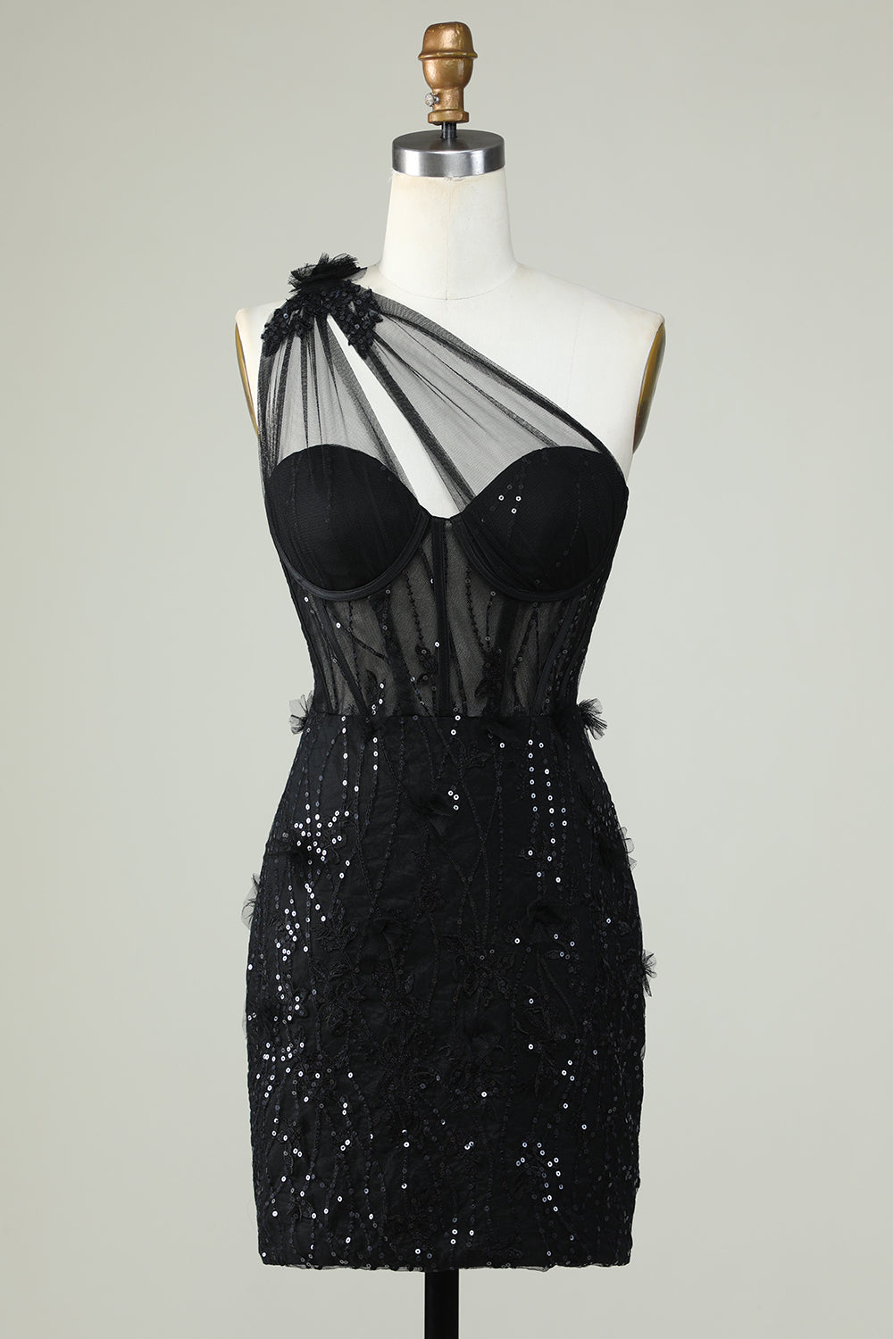 Bodycon One-Shoulder Black Corset Graduation Dress with Appliques