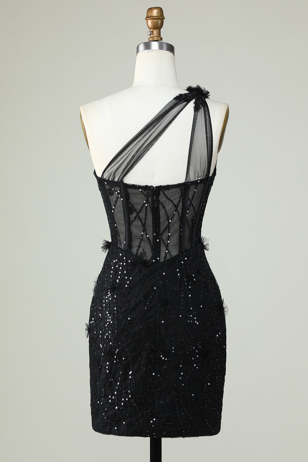 Bodycon One-Shoulder Black Corset Graduation Dress with Appliques