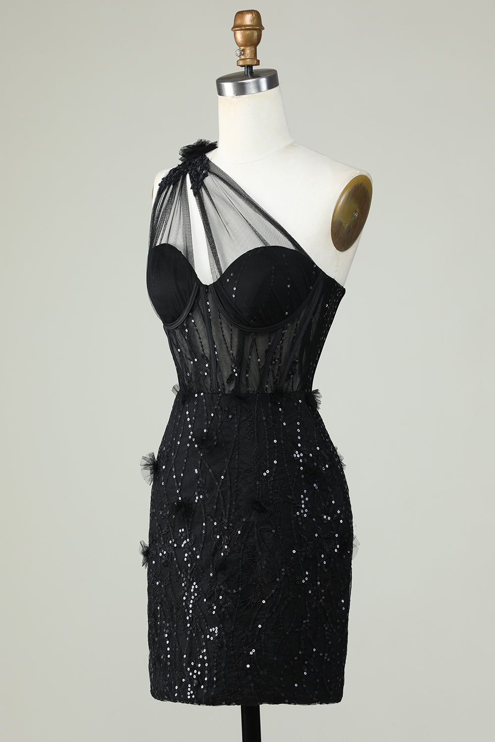 Bodycon One-Shoulder Black Corset Graduation Dress with Appliques