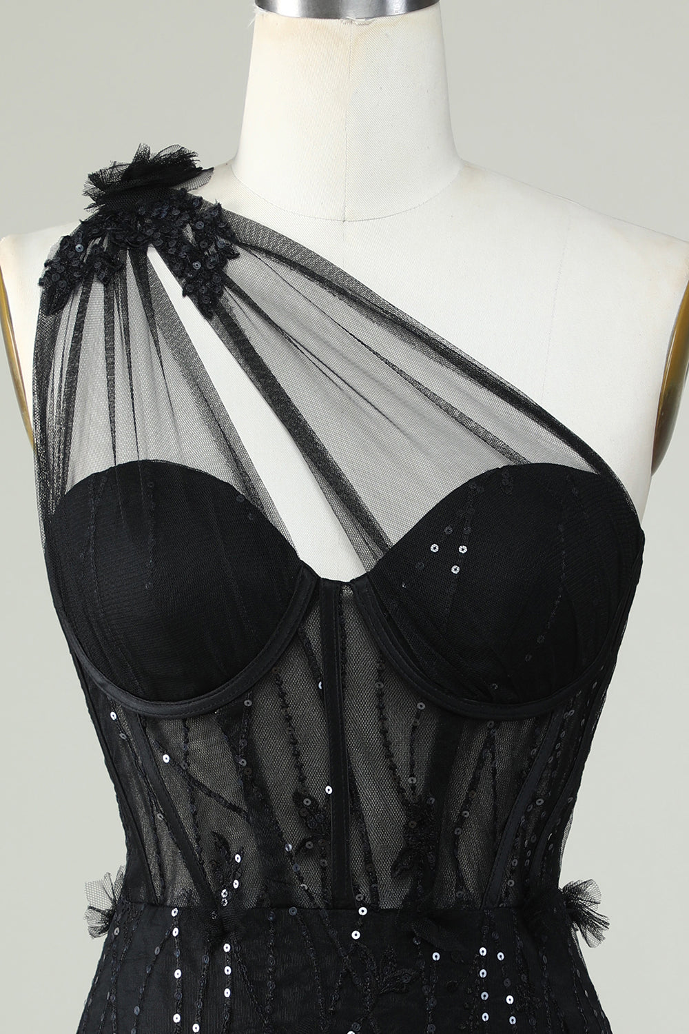 Bodycon One-Shoulder Black Corset Graduation Dress with Appliques