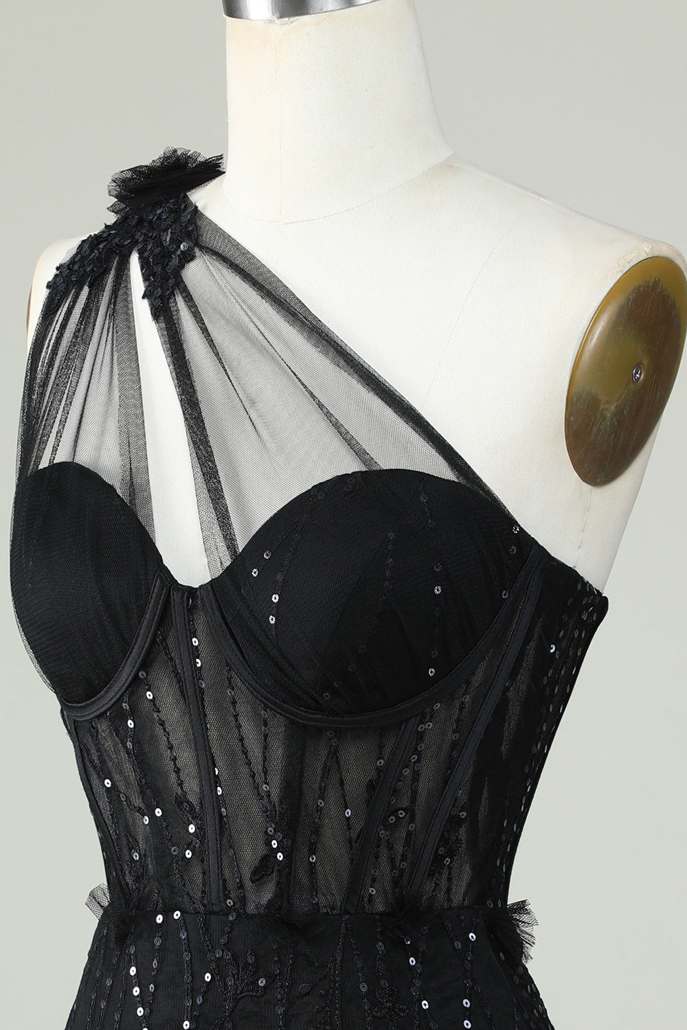 Bodycon One-Shoulder Black Corset Graduation Dress with Appliques