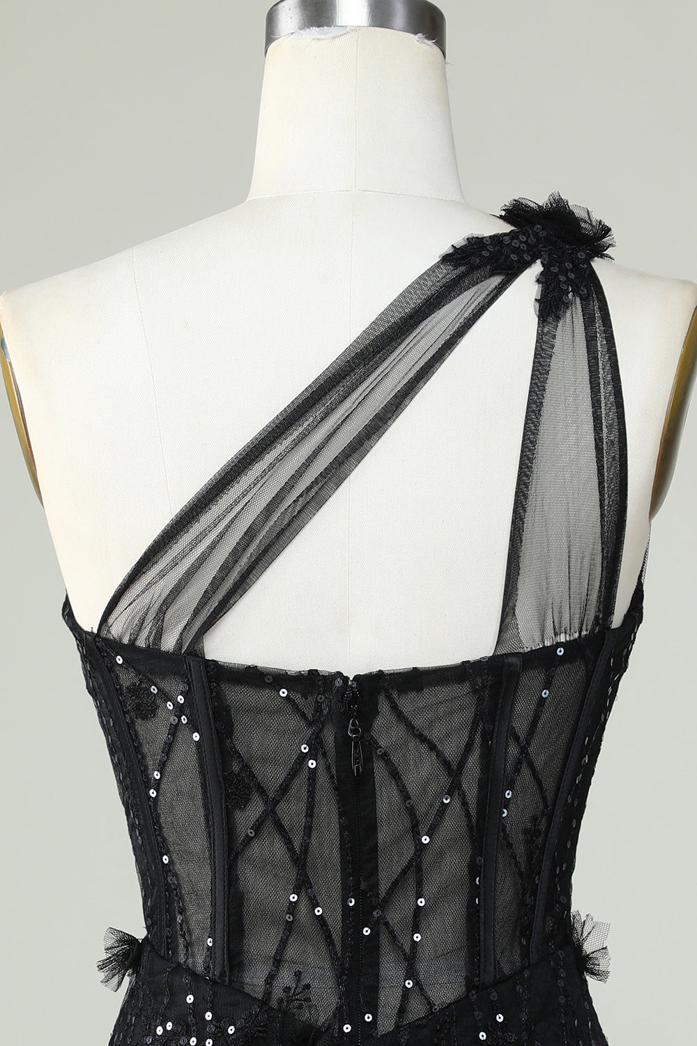 Bodycon One-Shoulder Black Corset Graduation Dress with Appliques