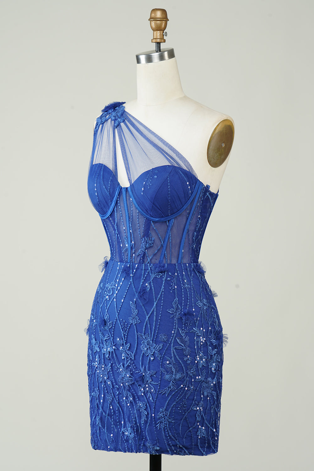 Robe de bal courte bleu roi fourreau asymétrique à une épaule avec appliqués