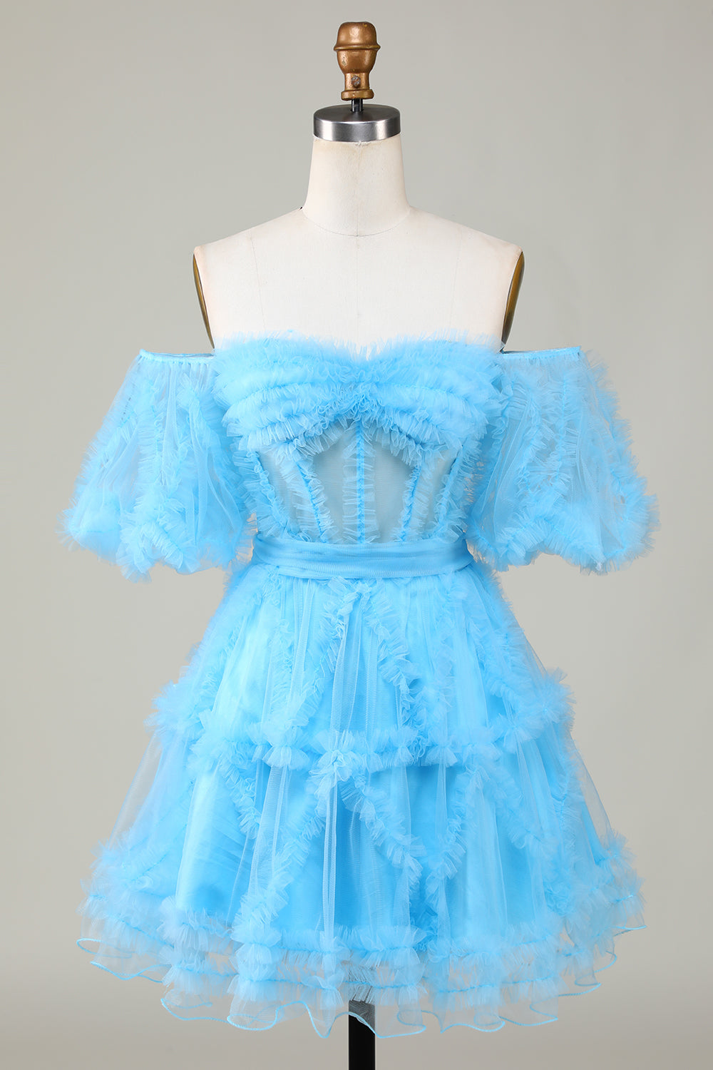Robe de bal courte trapèze en tulle blush mignon à épaules dénudées