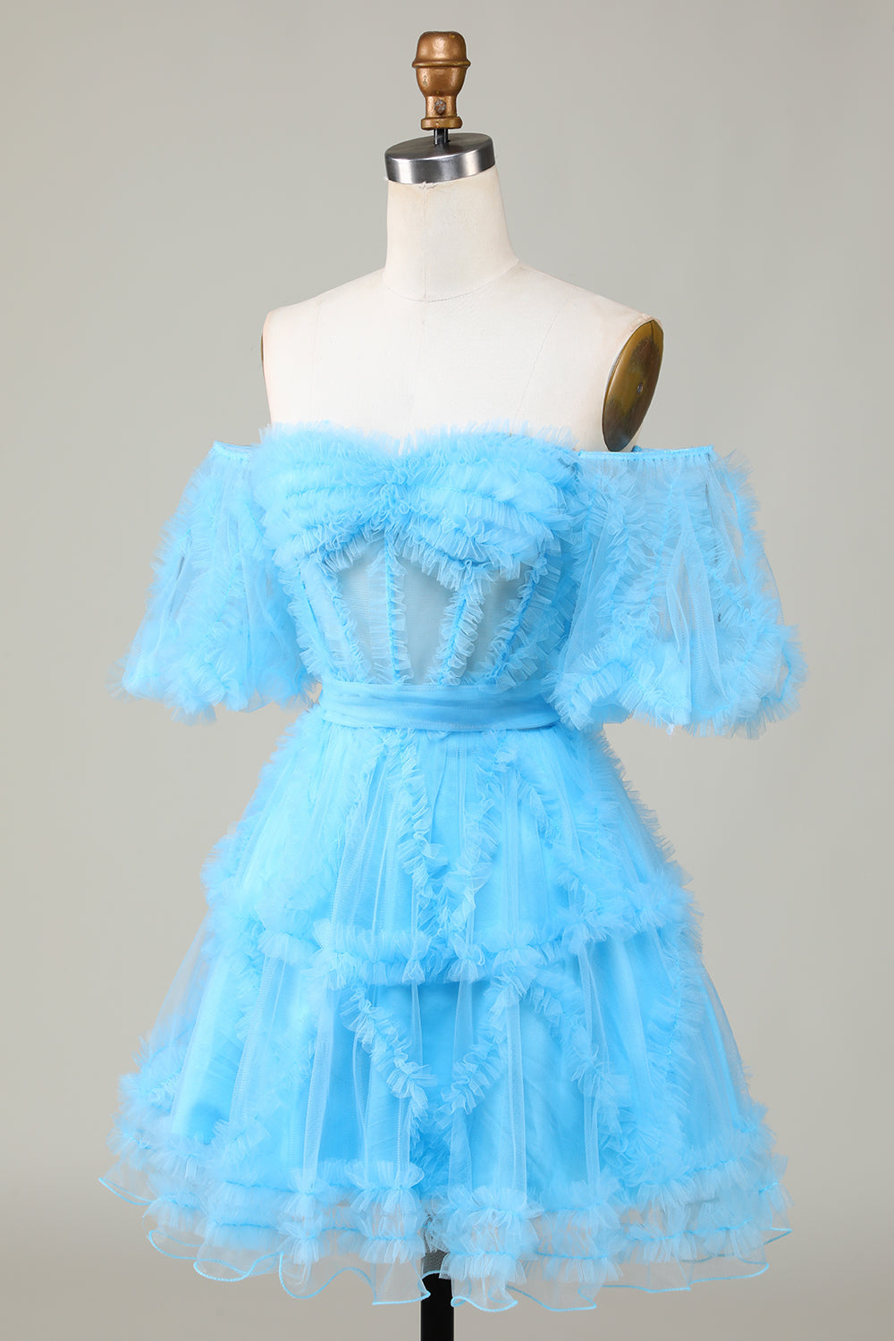 Robe de bal courte trapèze en tulle blush mignon à épaules dénudées