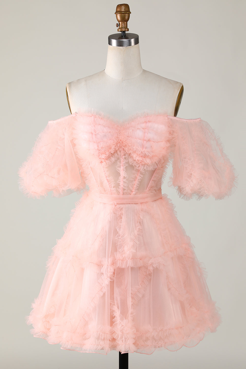 Robe de bal de fin d'année élégante en tulle violet avec corset et épaules dénudées, coupe trapèze