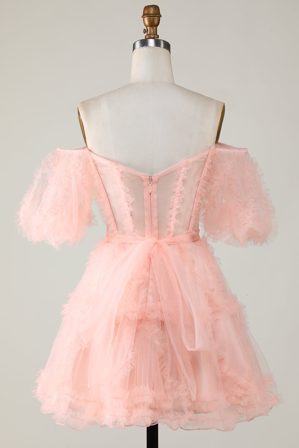 Robe de bal de fin d'année élégante en tulle violet avec corset et épaules dénudées, coupe trapèze