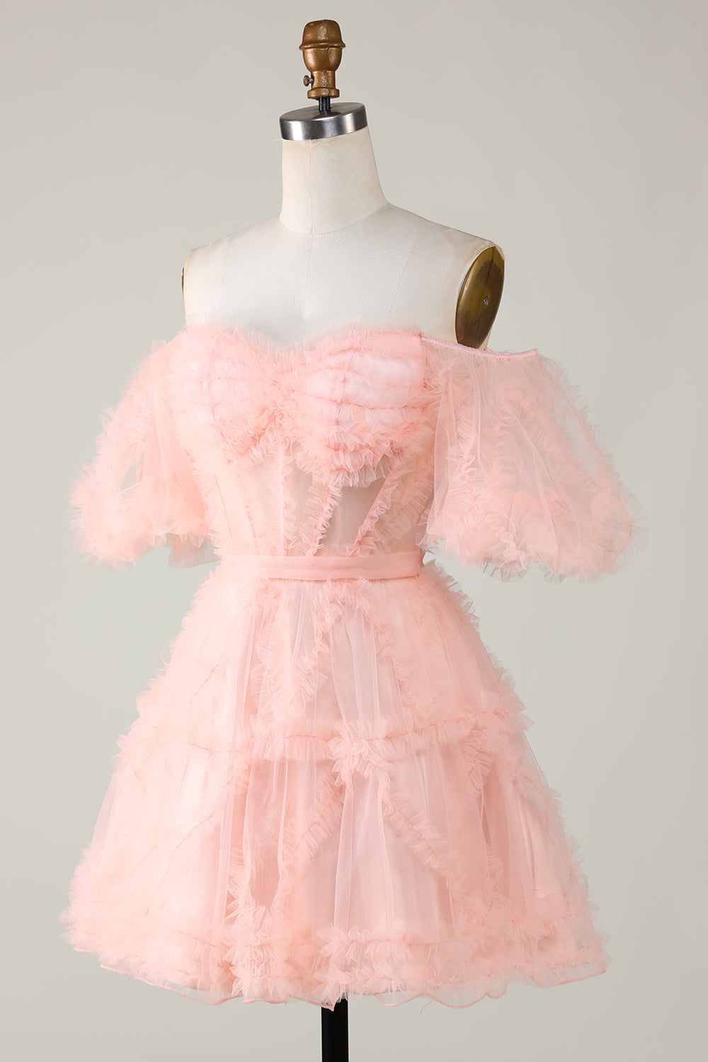 Robe de bal de fin d'année élégante en tulle violet avec corset et épaules dénudées, coupe trapèze