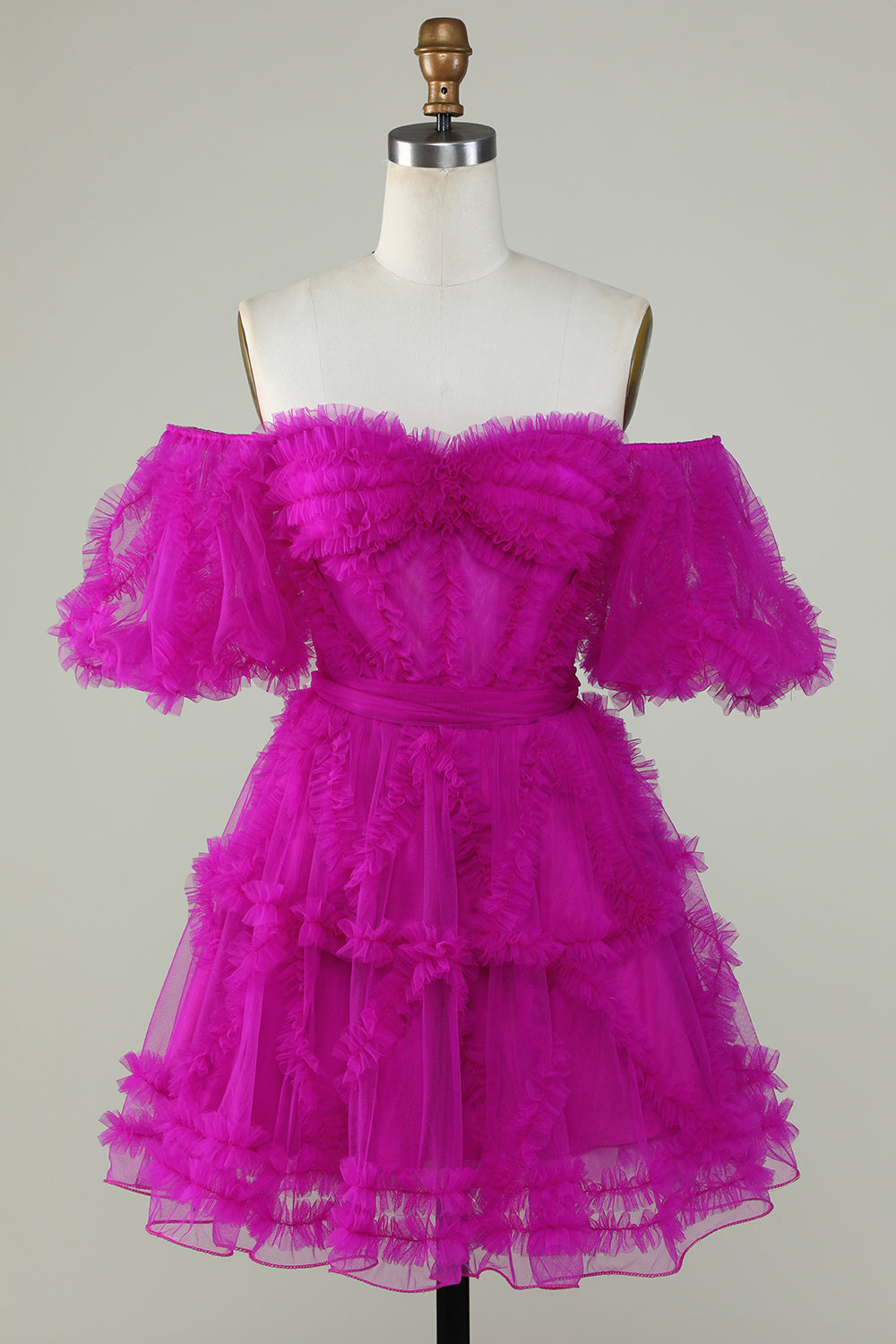 A Line Purple Tulle Off The Shoulder Short Graduation Dress