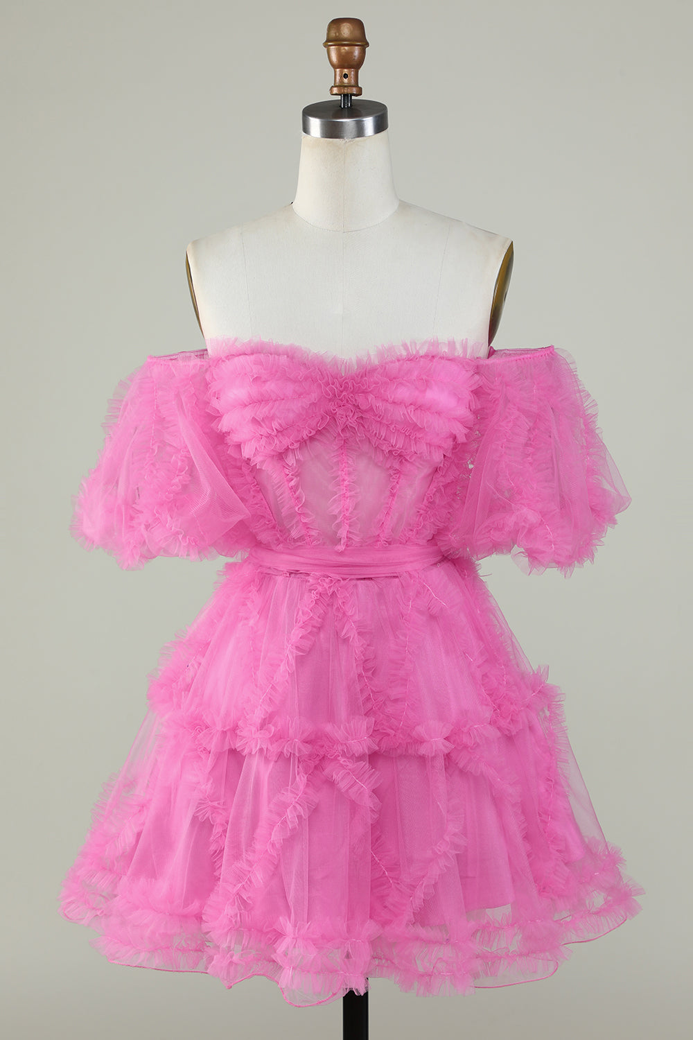 Stylish A Line Off the Shoulder Fuchsia Tulle Corset Graduation Dress