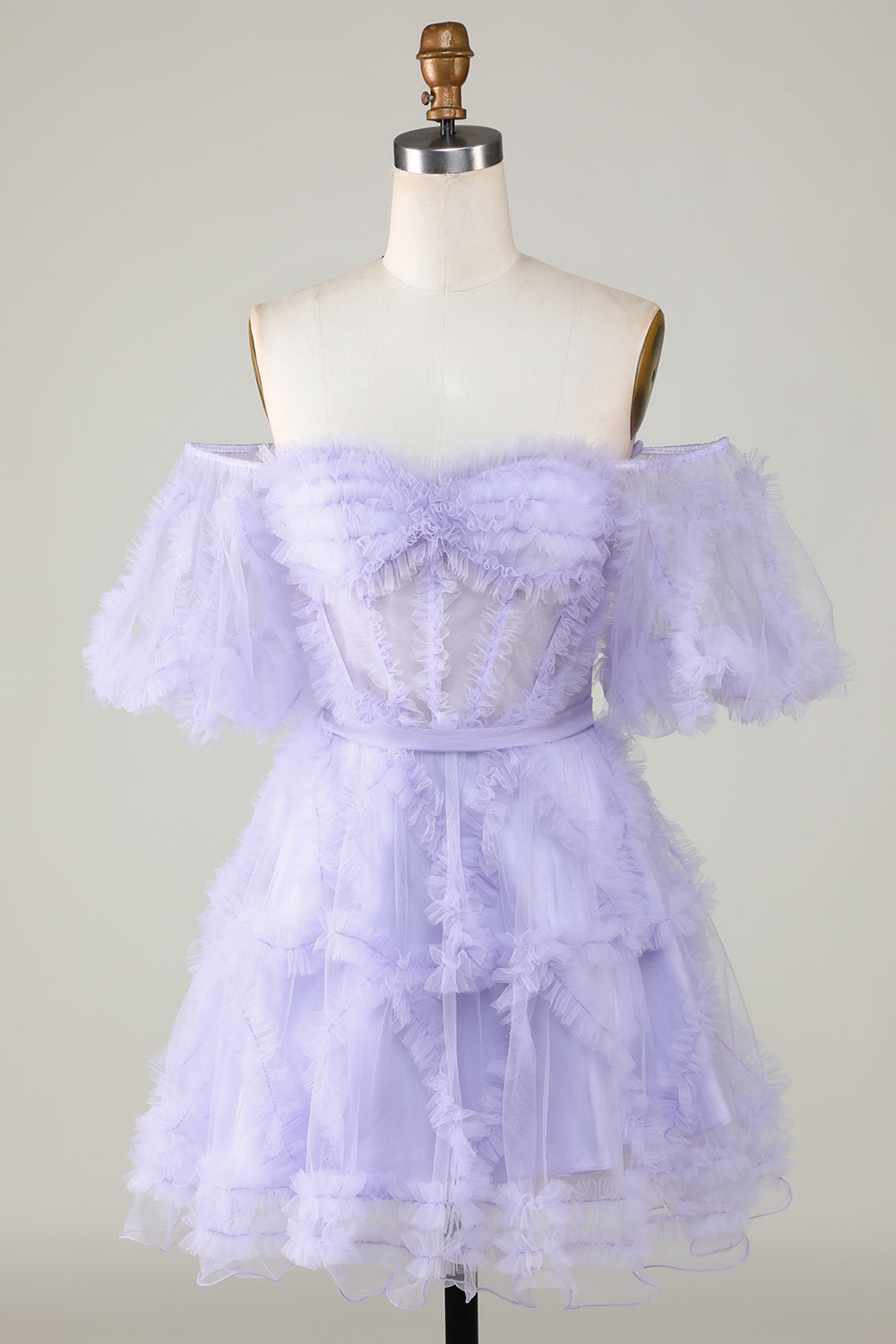 Robe de bal de fin d'année élégante en tulle violet avec corset et épaules dénudées, coupe trapèze