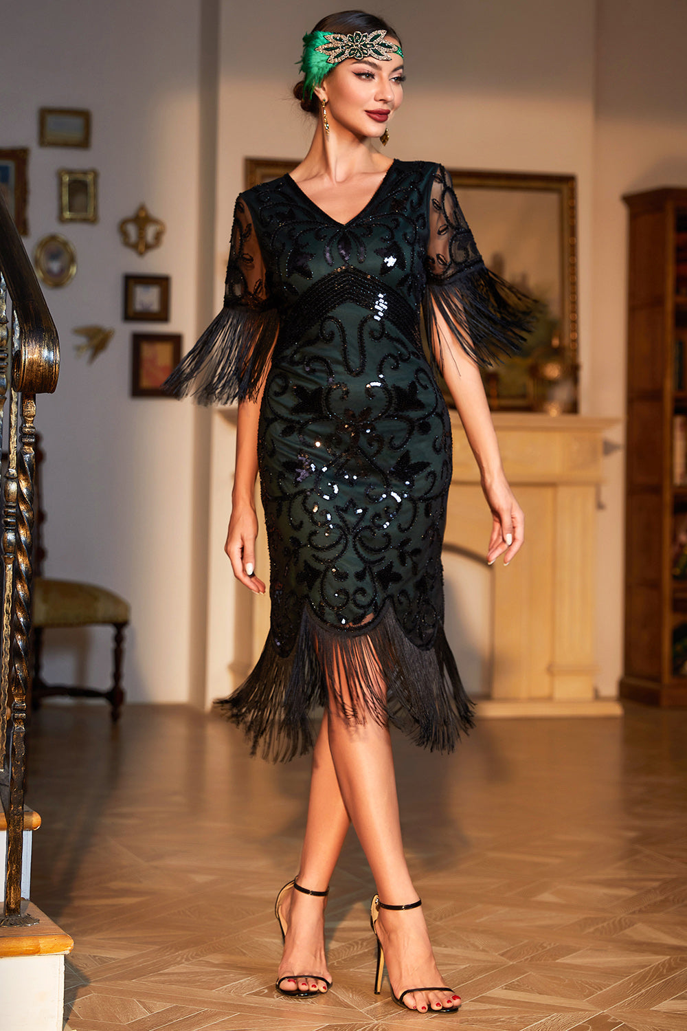 Robe de soirée Charleston Vert foncé Col V Franges