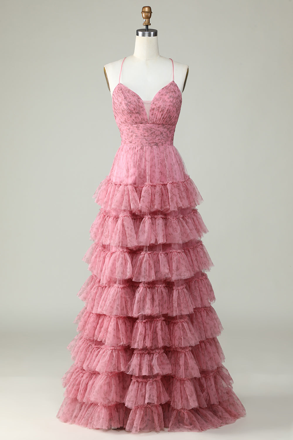Robe de bal trapèze en tulle rose à fines bretelles et à imprimé floral