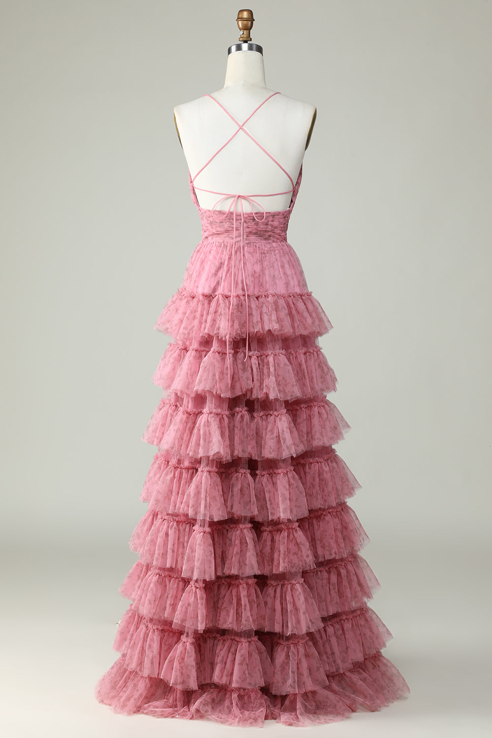 Robe de bal trapèze en tulle rose à fines bretelles et à imprimé floral