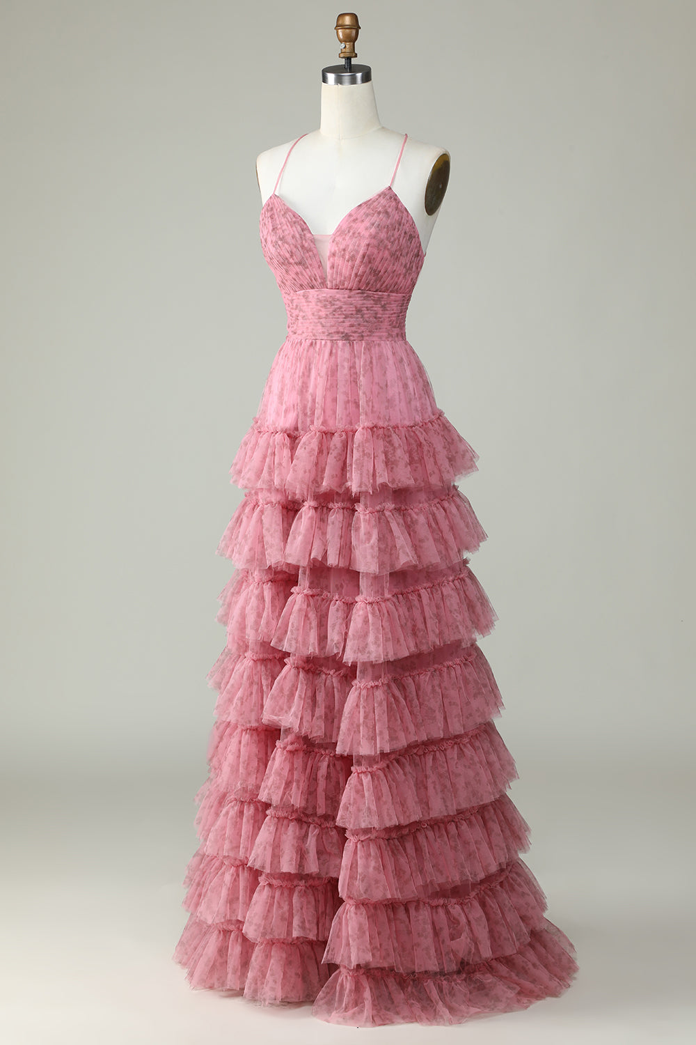 Robe de bal trapèze en tulle rose à fines bretelles et à imprimé floral