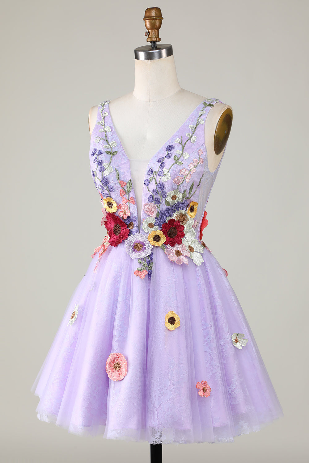 Robe de bal de fin d'études violette à encolure en V profond et dos nu avec des fleurs 3D