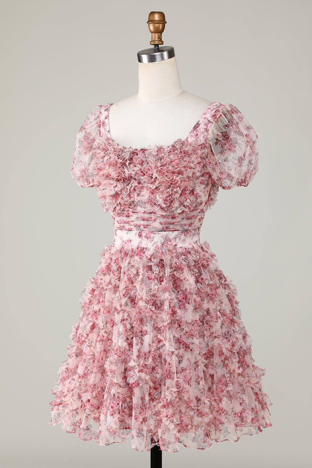 Robe de graduation trapèze mignonne à fleurs ivoires et rouges avec volants