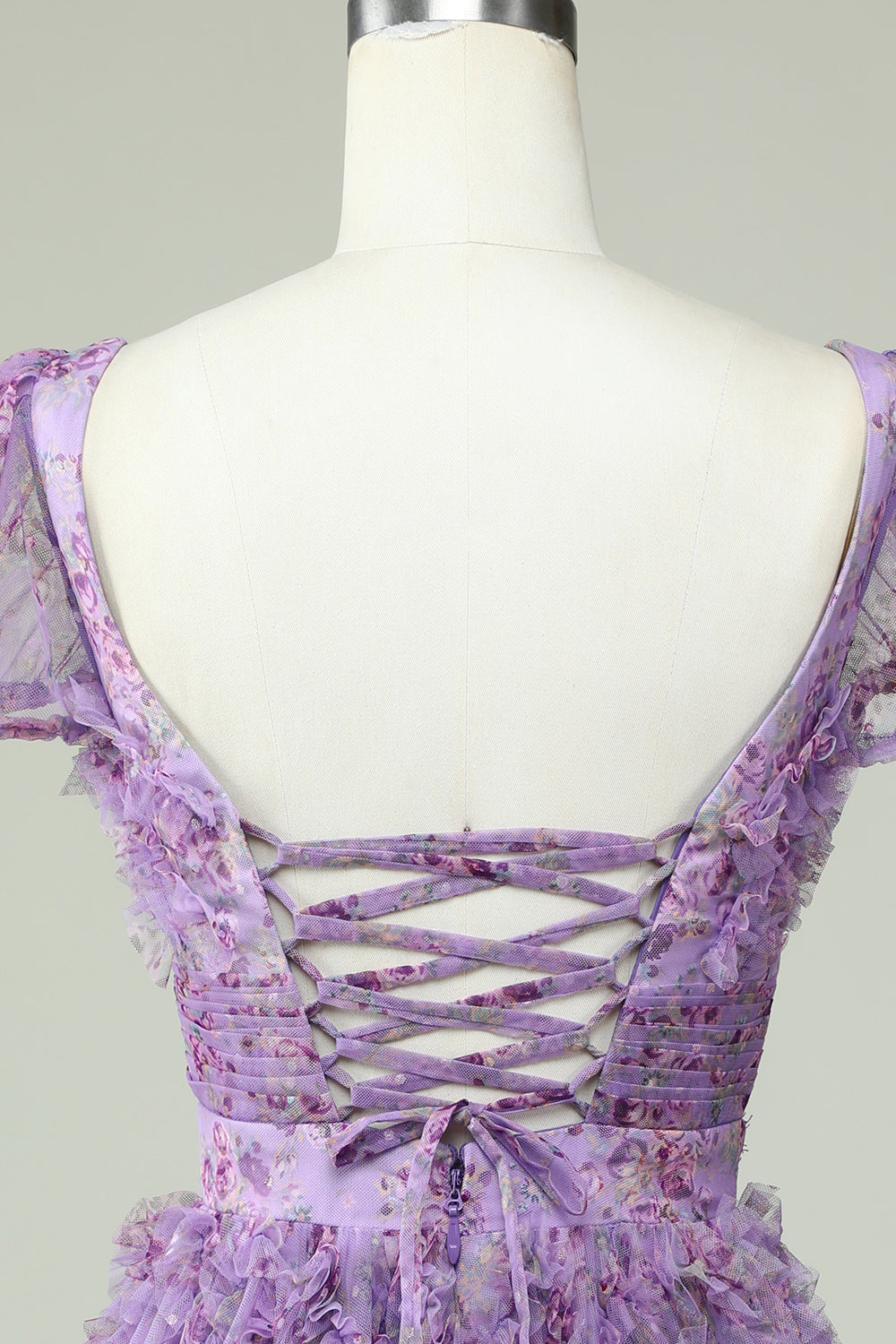 Floral A Line Purple Graduation Dress with Ruffles