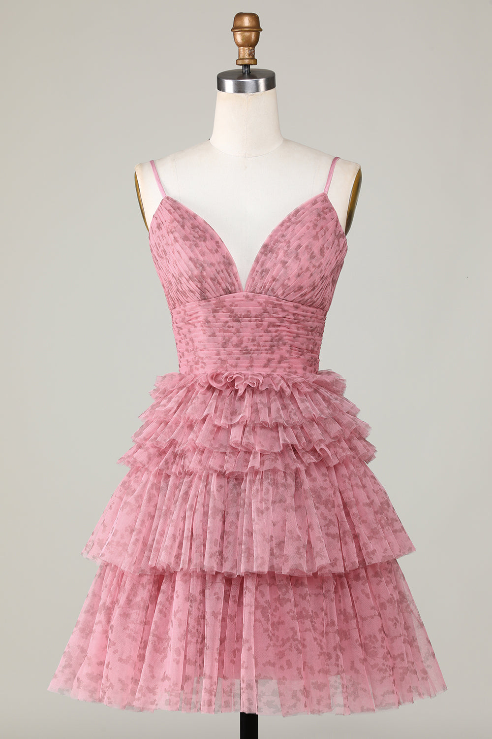 Jolie robe de bal rose poudré évasée à fines bretelles et volants