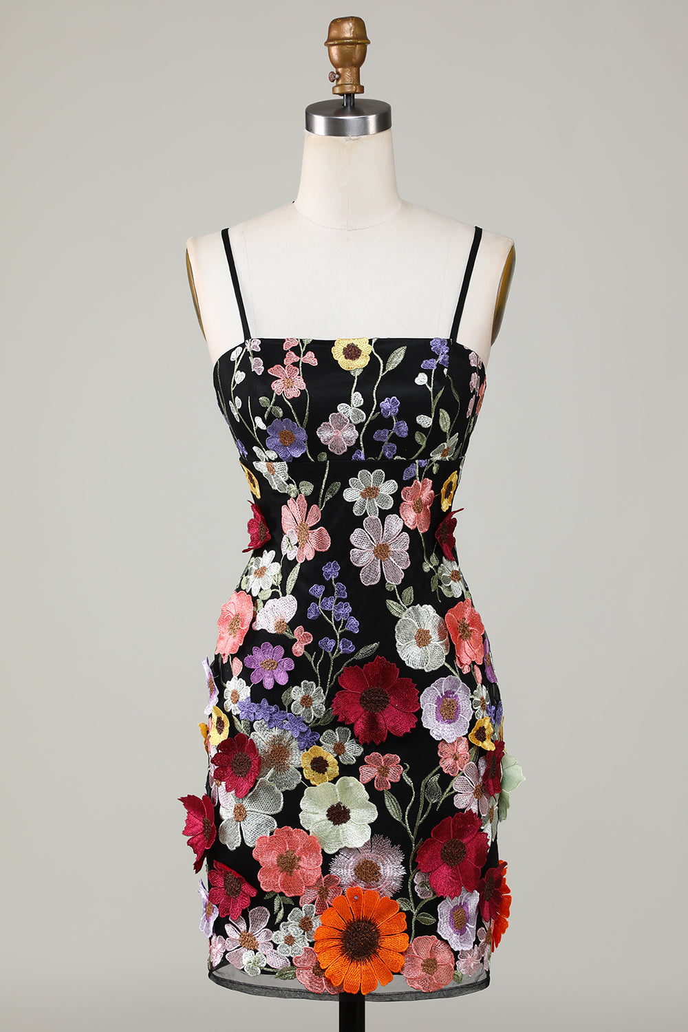 Robe de graduation fourreau blush à fines bretelles et fleurs 3D