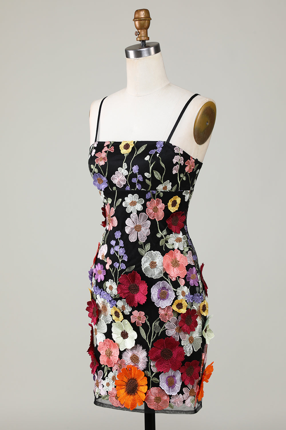 Robe de graduation fourreau blush à fines bretelles et fleurs 3D