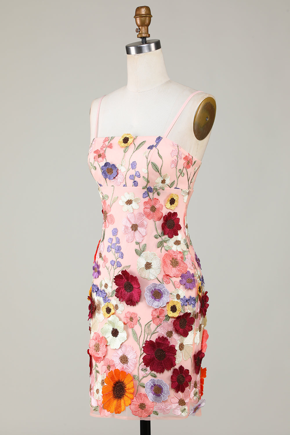 Robe de graduation fourreau blush à fines bretelles et fleurs 3D
